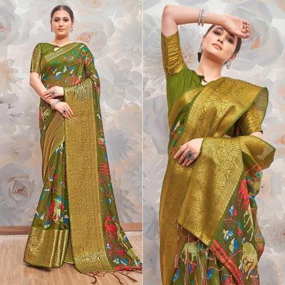 Mehendi Green Festive Wear Printed Cotton Silk Saree