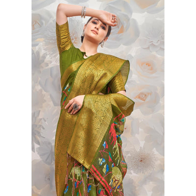 Mehendi Green Festive Wear Printed Cotton Silk Saree