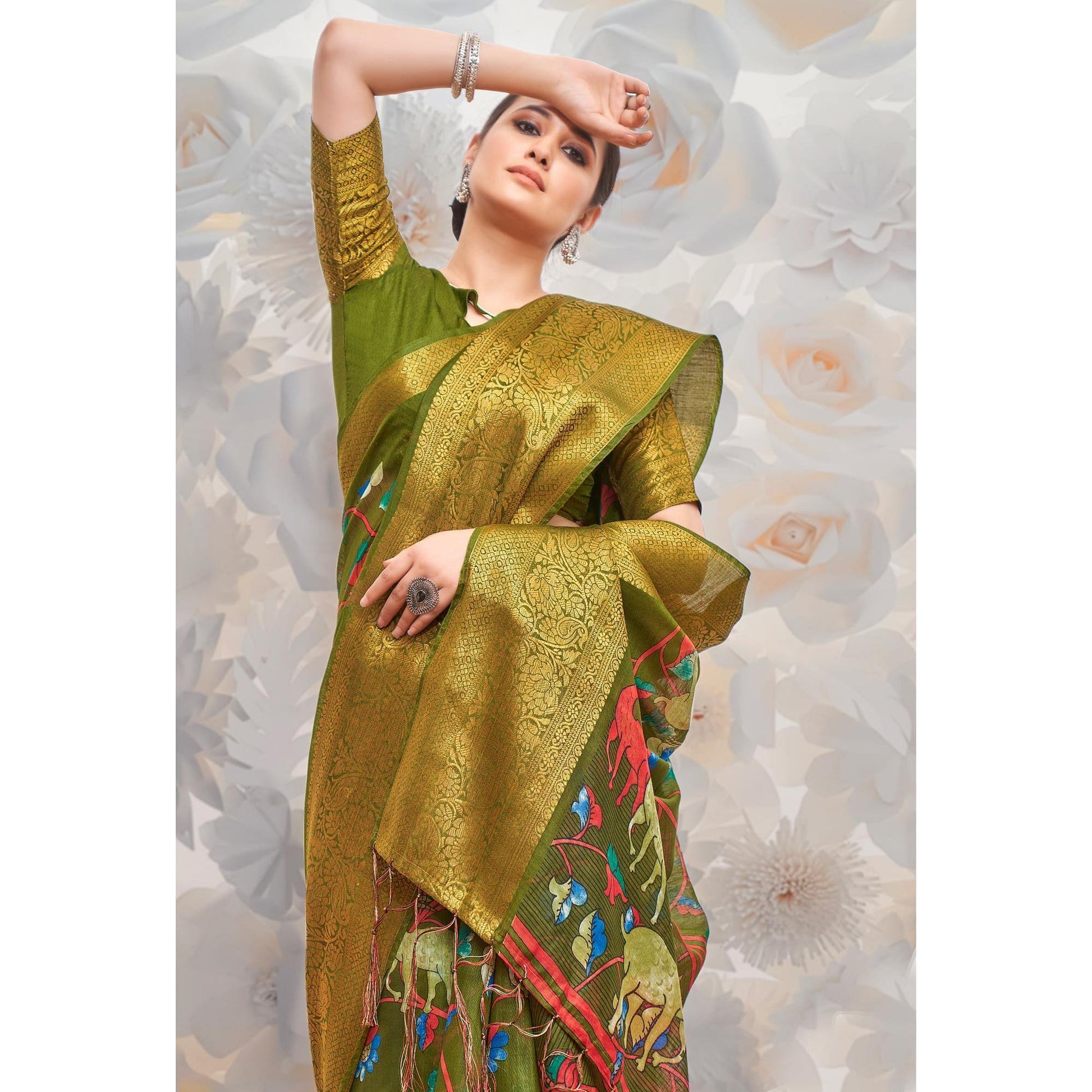 Mehendi Green Festive Wear Printed Cotton Silk Saree