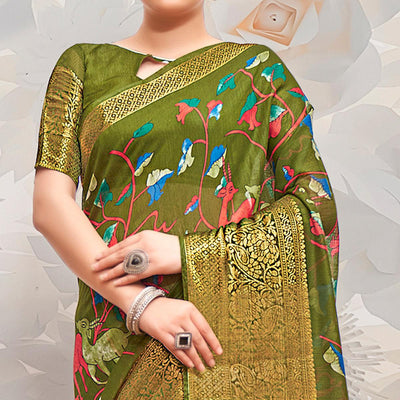 Mehendi Green Festive Wear Printed Cotton Silk Saree