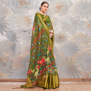 Mehendi Green Festive Wear Printed Cotton Silk Saree