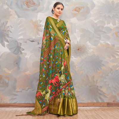 Mehendi Green Festive Wear Printed Cotton Silk Saree