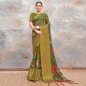 Mehendi Green Festive Wear Printed Cotton Silk Saree