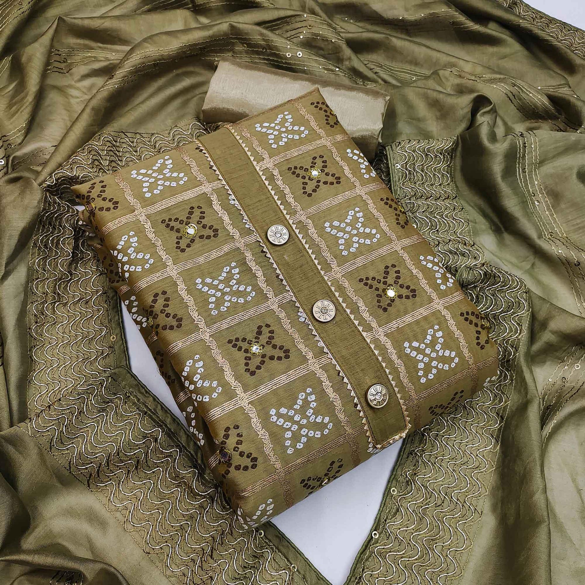 Mehendi Green Festive Wear Printed With Handwork Modal Dress Material