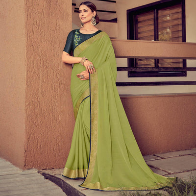 Mehendi Green Festive Wear Solid Chiffon Saree With Border