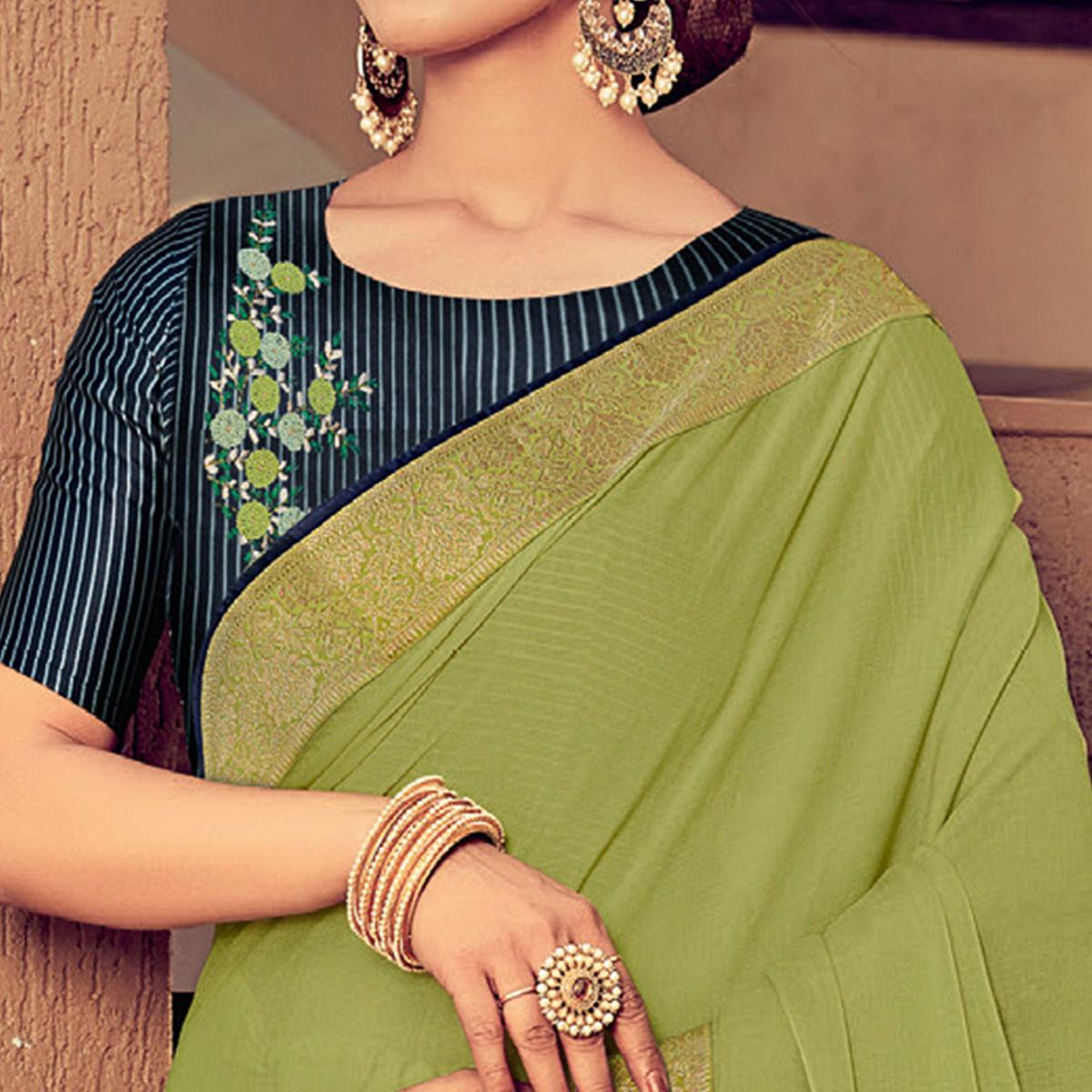 Mehendi Green Festive Wear Solid Chiffon Saree With Border