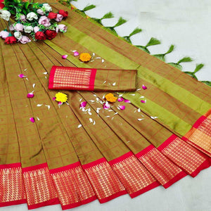 Mehendi  Green Festive Wear Woven Cotton Silk Saree