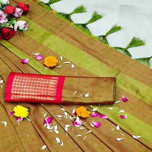 Mehendi  Green Festive Wear Woven Cotton Silk Saree