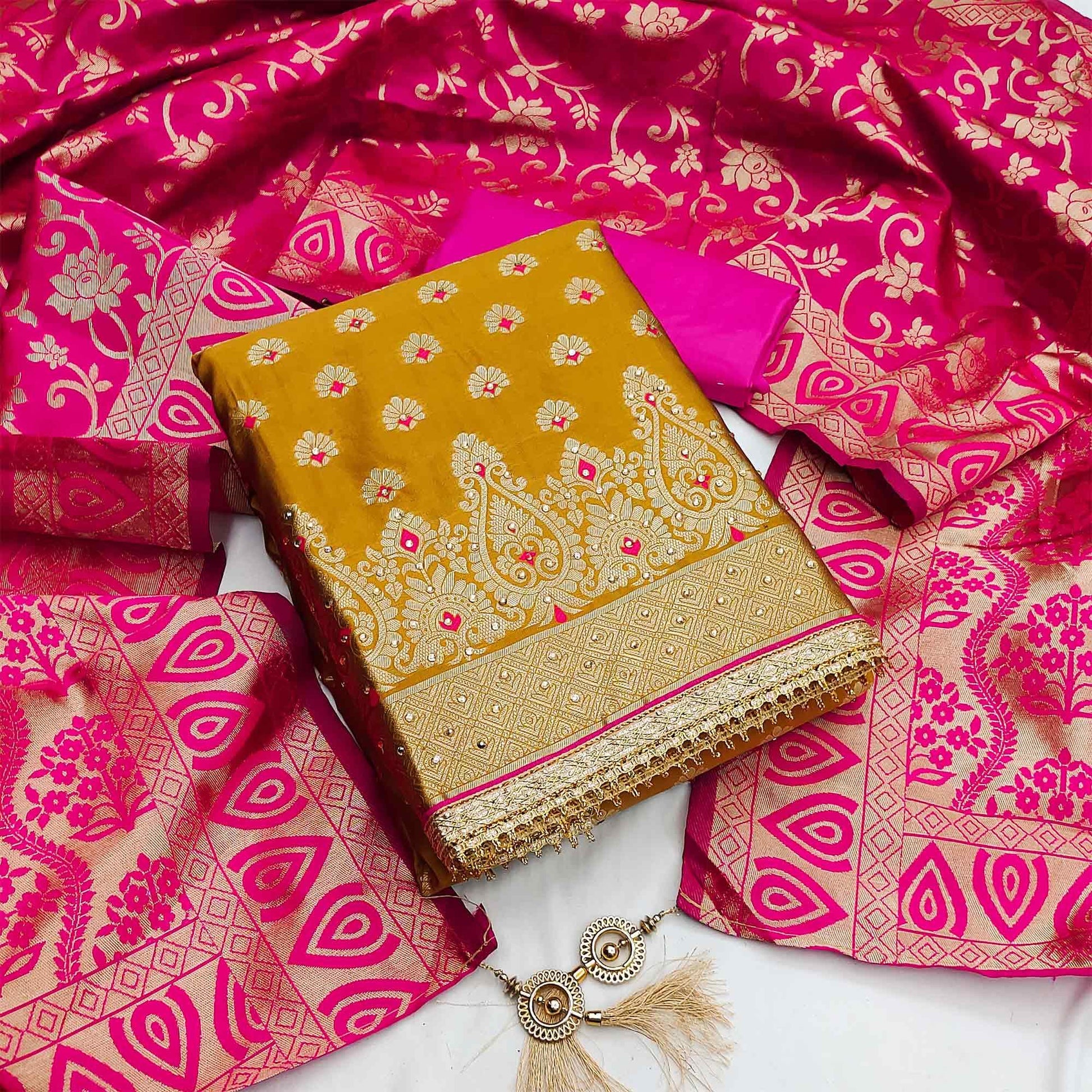 Mehendi Green Festive Wear Woven Jacquard Dress Material