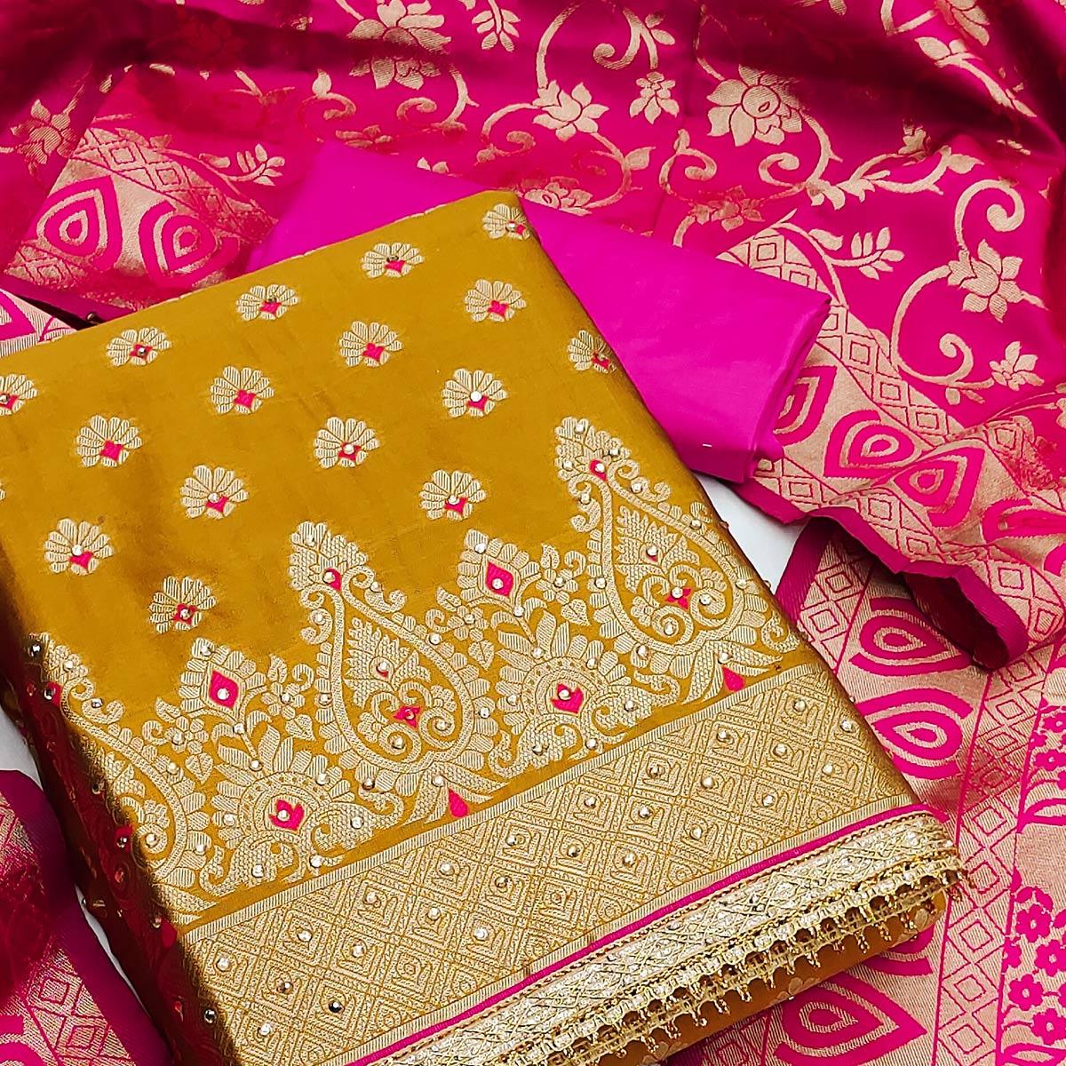 Mehendi Green Festive Wear Woven Jacquard Dress Material