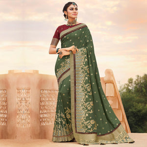 Mehendi Green Festive Wear Woven Silk Saree