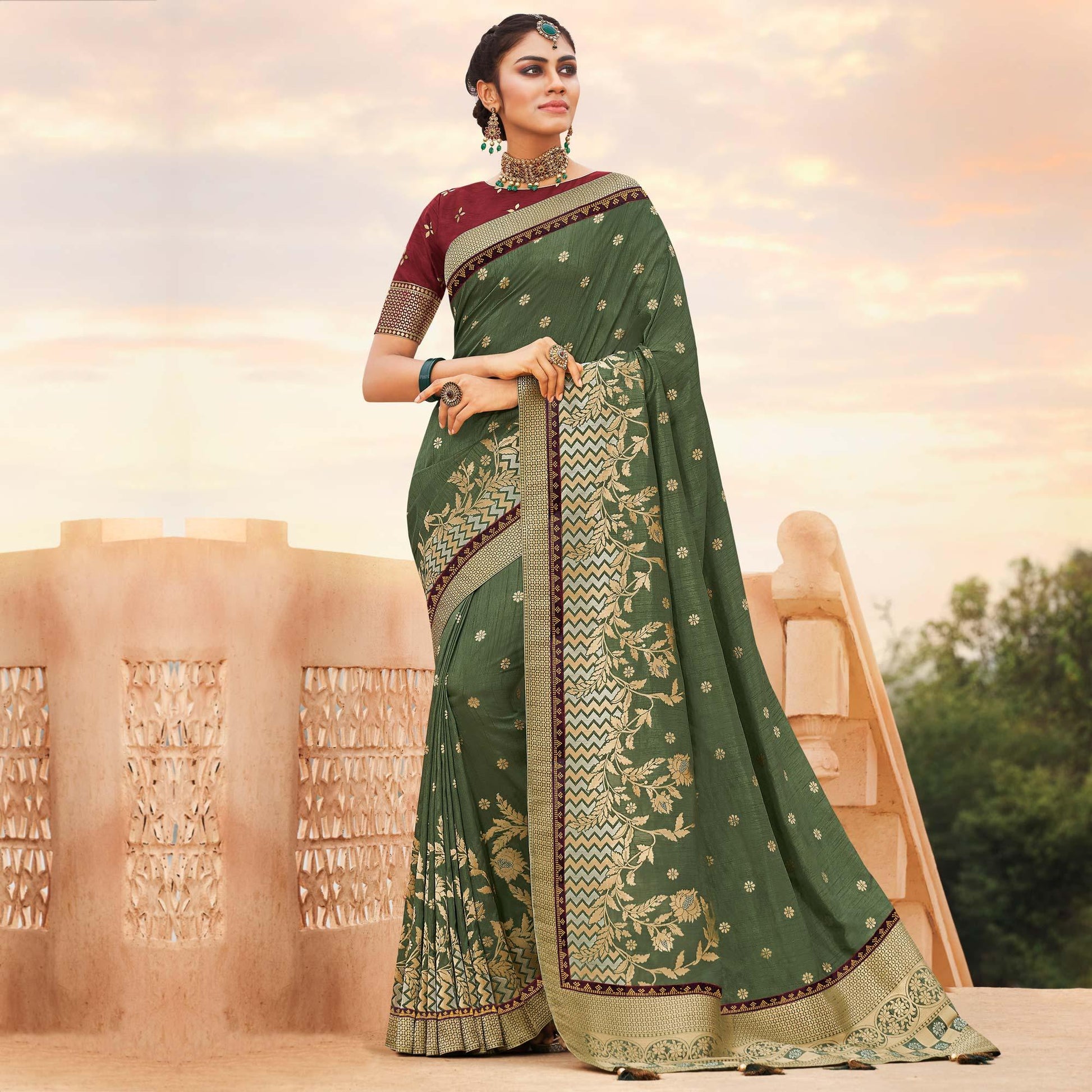 Mehendi Green Festive Wear Woven Silk Saree