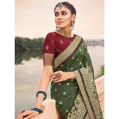 Mehendi Green Festive Wear Woven Silk Saree