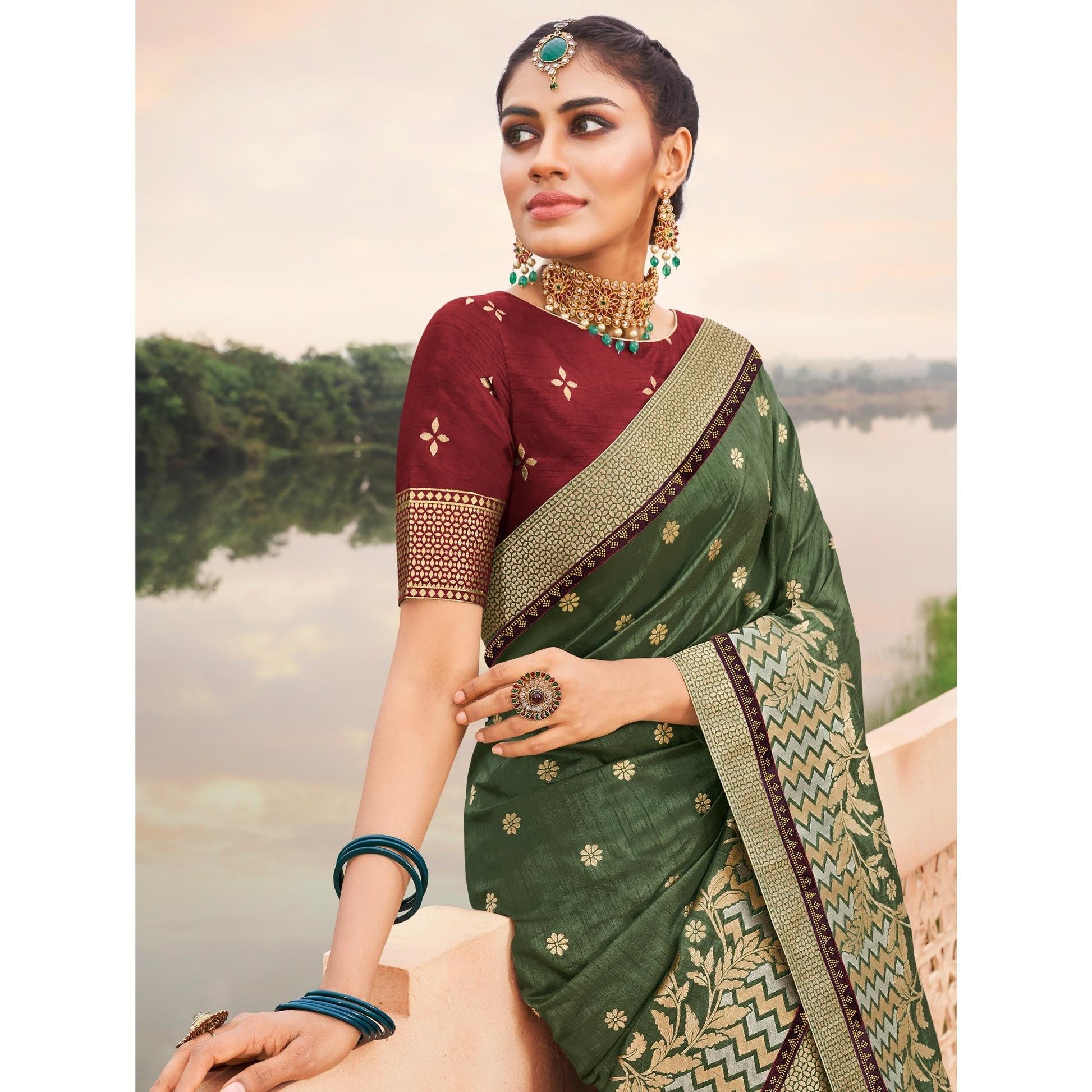 Mehendi Green Festive Wear Woven Silk Saree