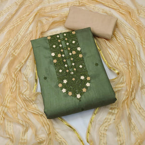 Mehendi Green Floral Embroidered Art Silk Dress Material