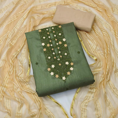 Mehendi Green Floral Embroidered Art Silk Dress Material