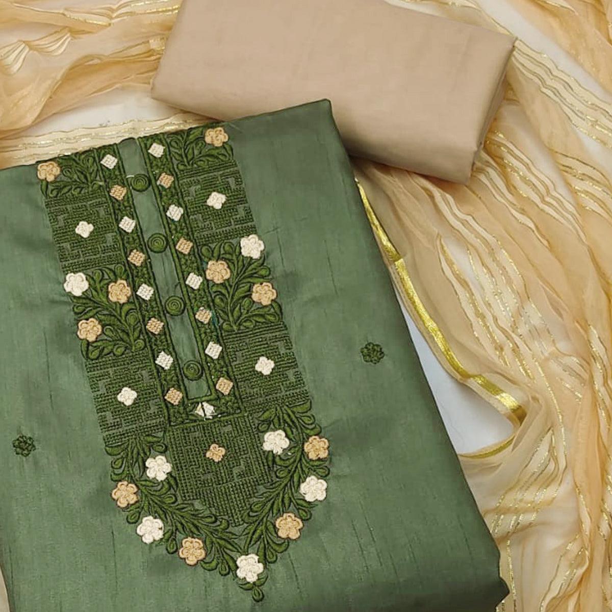 Mehendi Green Floral Embroidered Art Silk Dress Material