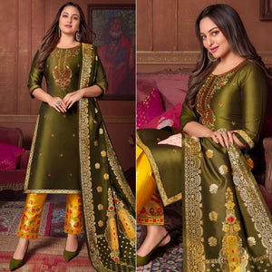 Mehendi Green Floral Embroidered Art Silk Kurti Pant Set With Dupatta