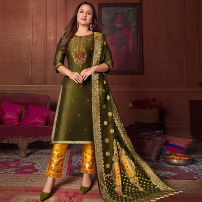 Mehendi Green Floral Embroidered Art Silk Kurti Pant Set With Dupatta