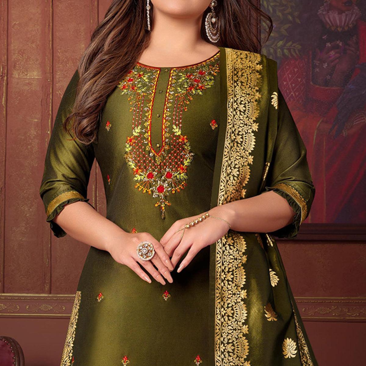 Mehendi Green Floral Embroidered Art Silk Kurti Pant Set With Dupatta
