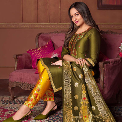 Mehendi Green Floral Embroidered Art Silk Kurti Pant Set With Dupatta