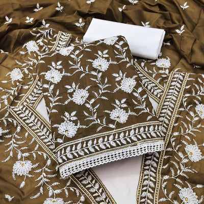Mehendi Green Floral Embroidered Muslin Dress Material
