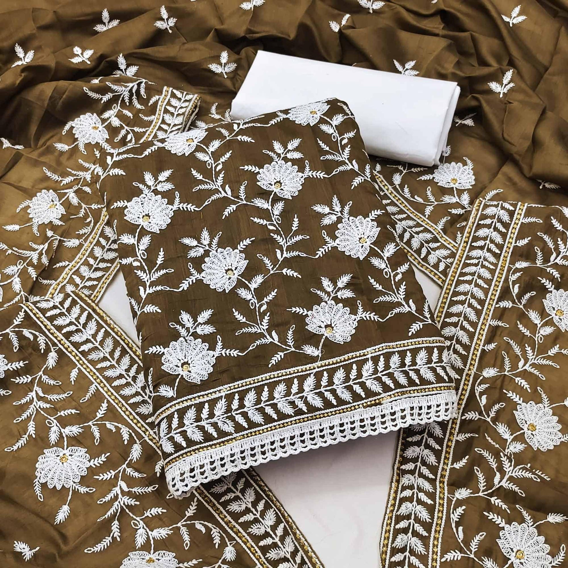 Mehendi Green Floral Embroidered Muslin Dress Material