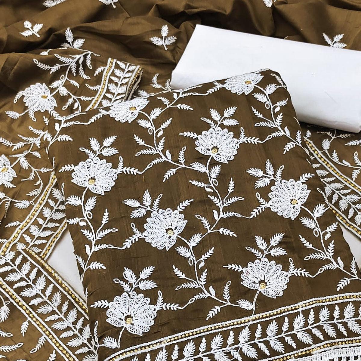Mehendi Green Floral Embroidered Muslin Dress Material