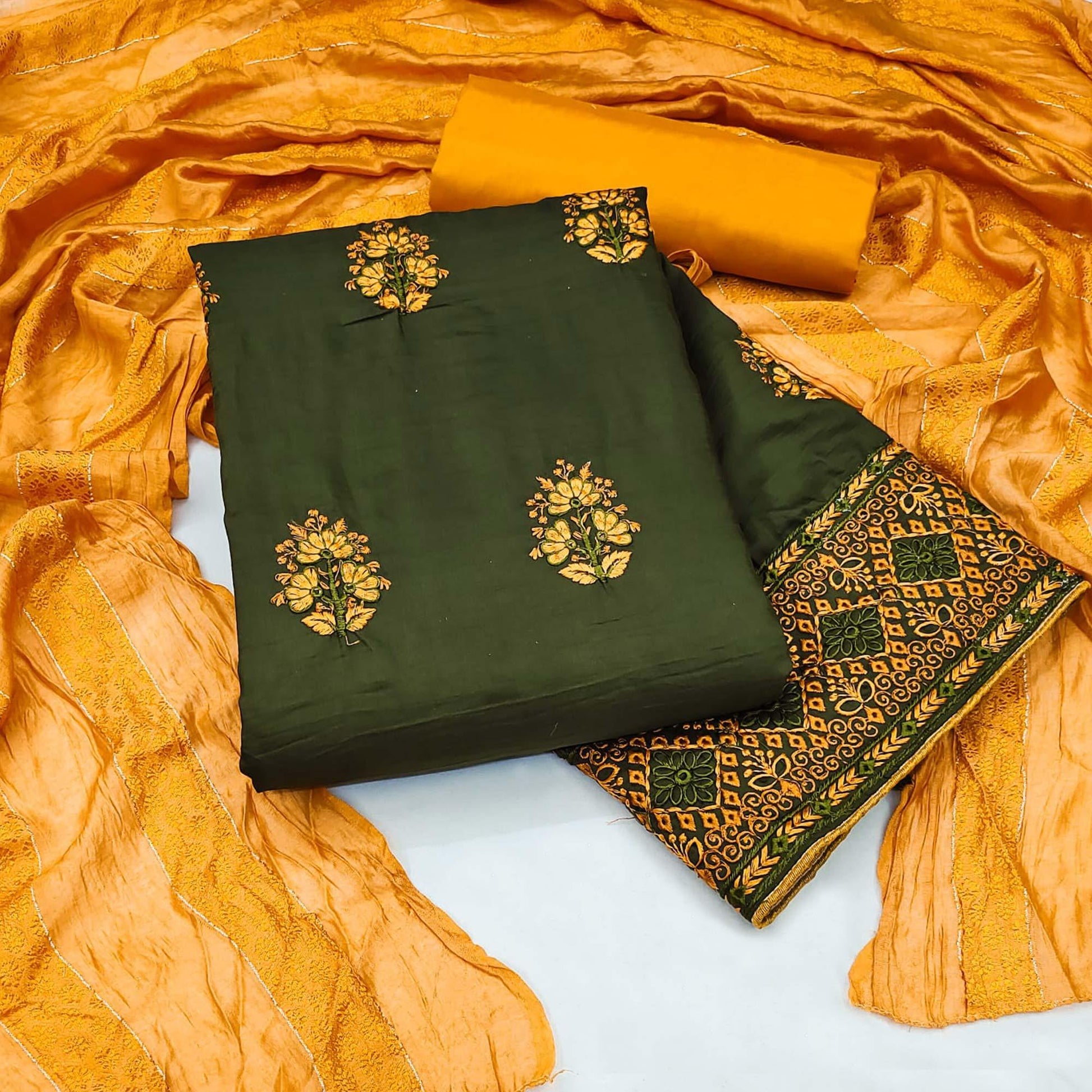 Mehendi Green Floral Embroidered Pure Silk Dress Material