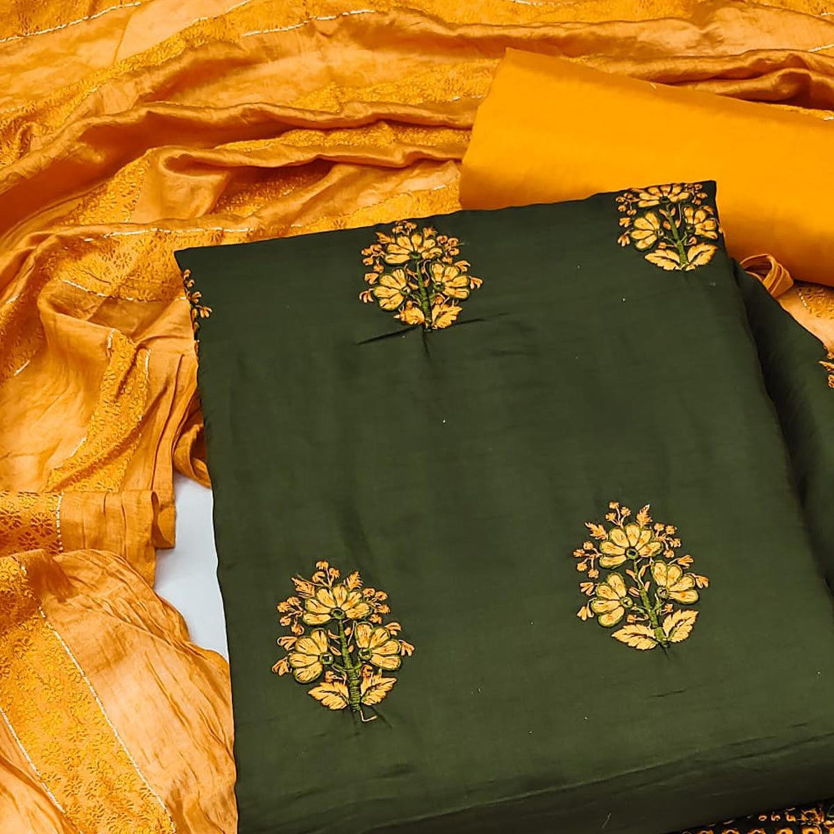 Mehendi Green Floral Embroidered Pure Silk Dress Material