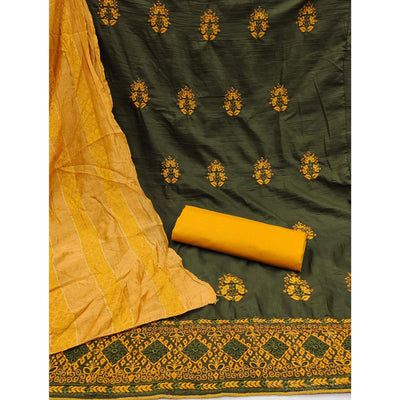 Mehendi Green Floral Embroidered Pure Silk Dress Material
