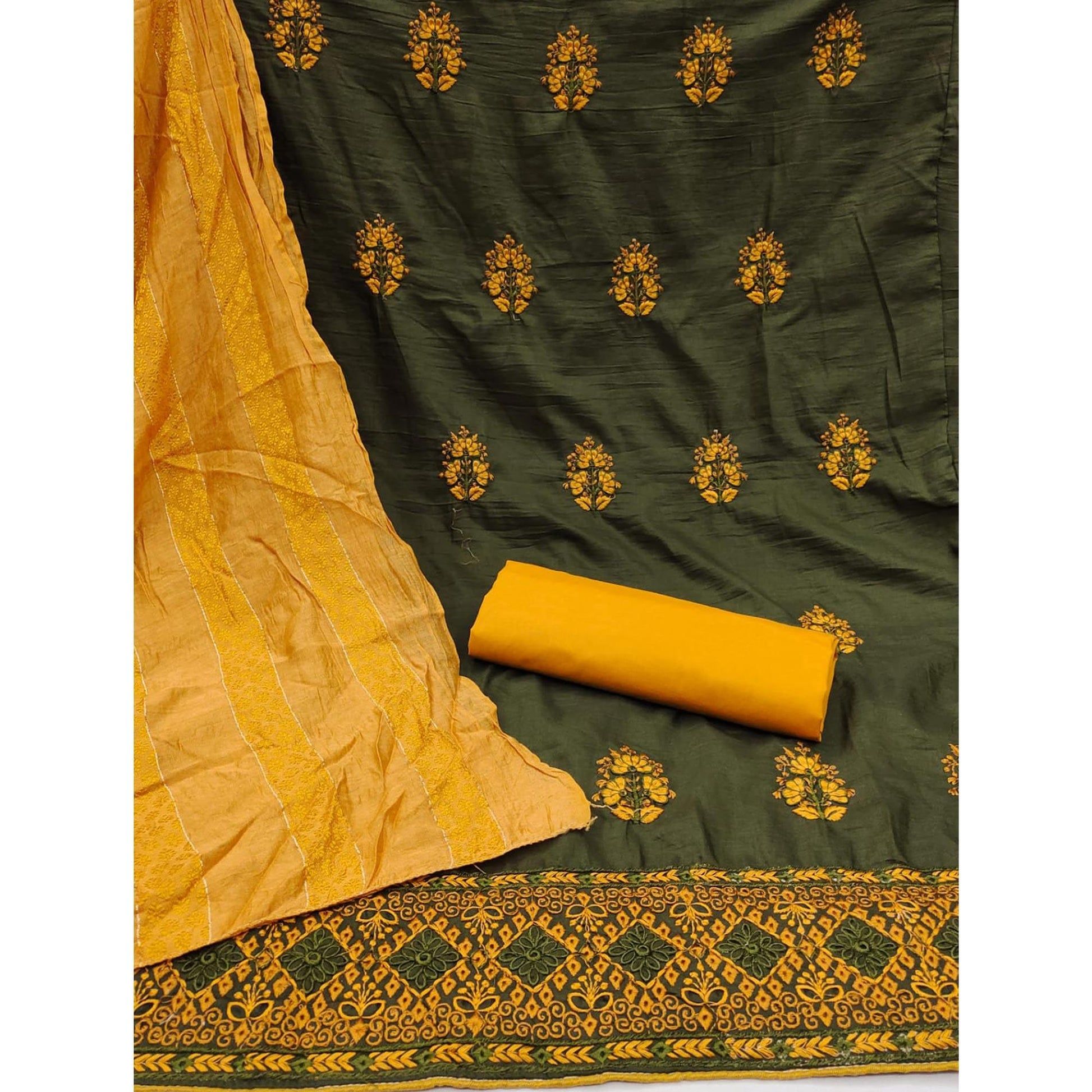 Mehendi Green Floral Embroidered Pure Silk Dress Material