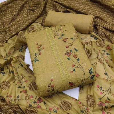 Mehendi Green Floral Printed With Embroidered Pure Cotton Dress Material