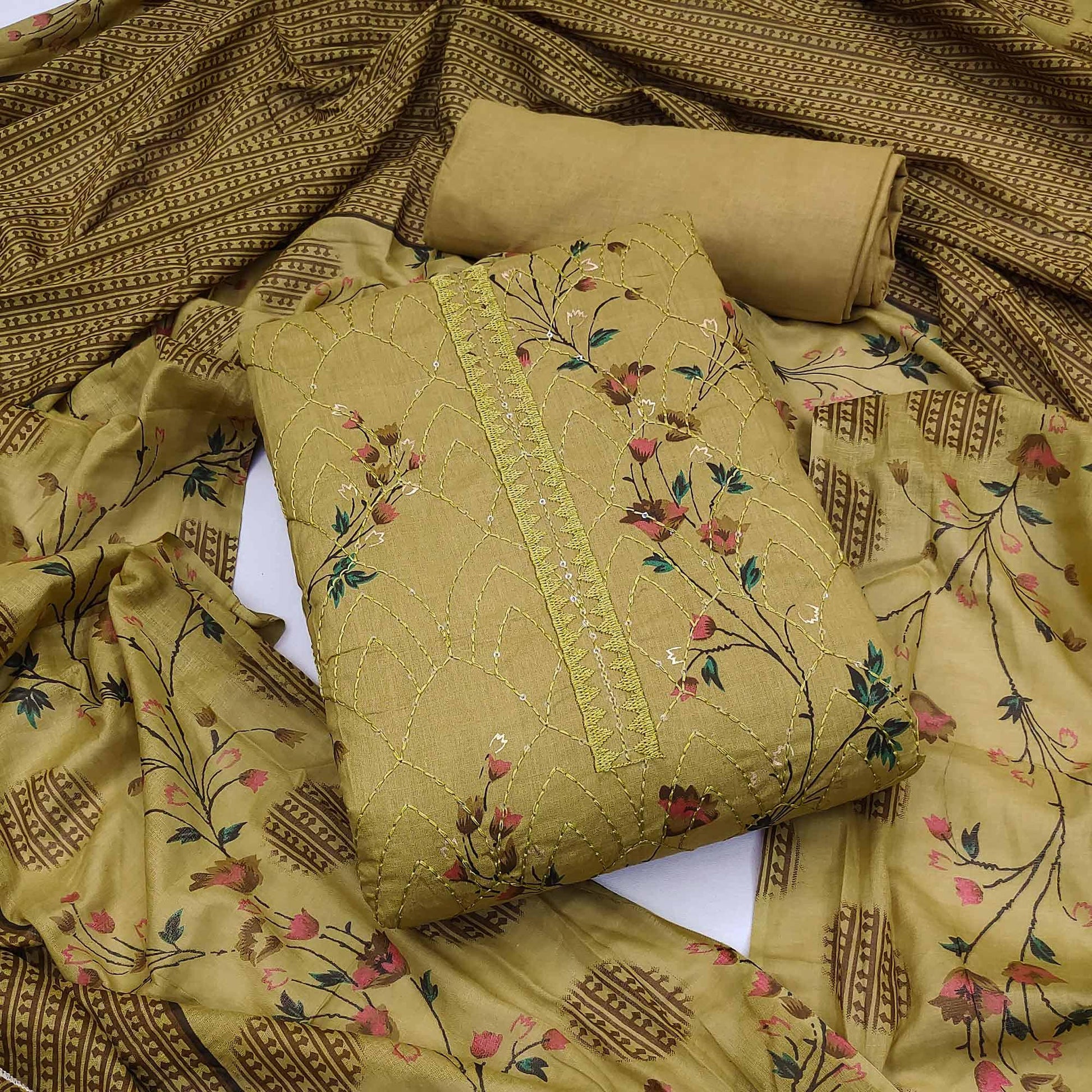 Mehendi Green Floral Printed With Embroidered Pure Cotton Dress Material