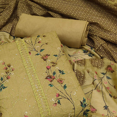 Mehendi Green Floral Printed With Embroidered Pure Cotton Dress Material
