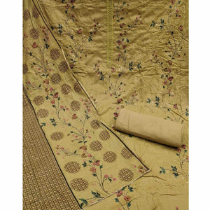 Mehendi Green Floral Printed With Embroidered Pure Cotton Dress Material