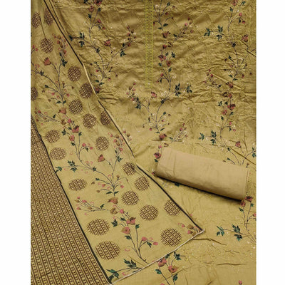 Mehendi Green Floral Printed With Embroidered Pure Cotton Dress Material