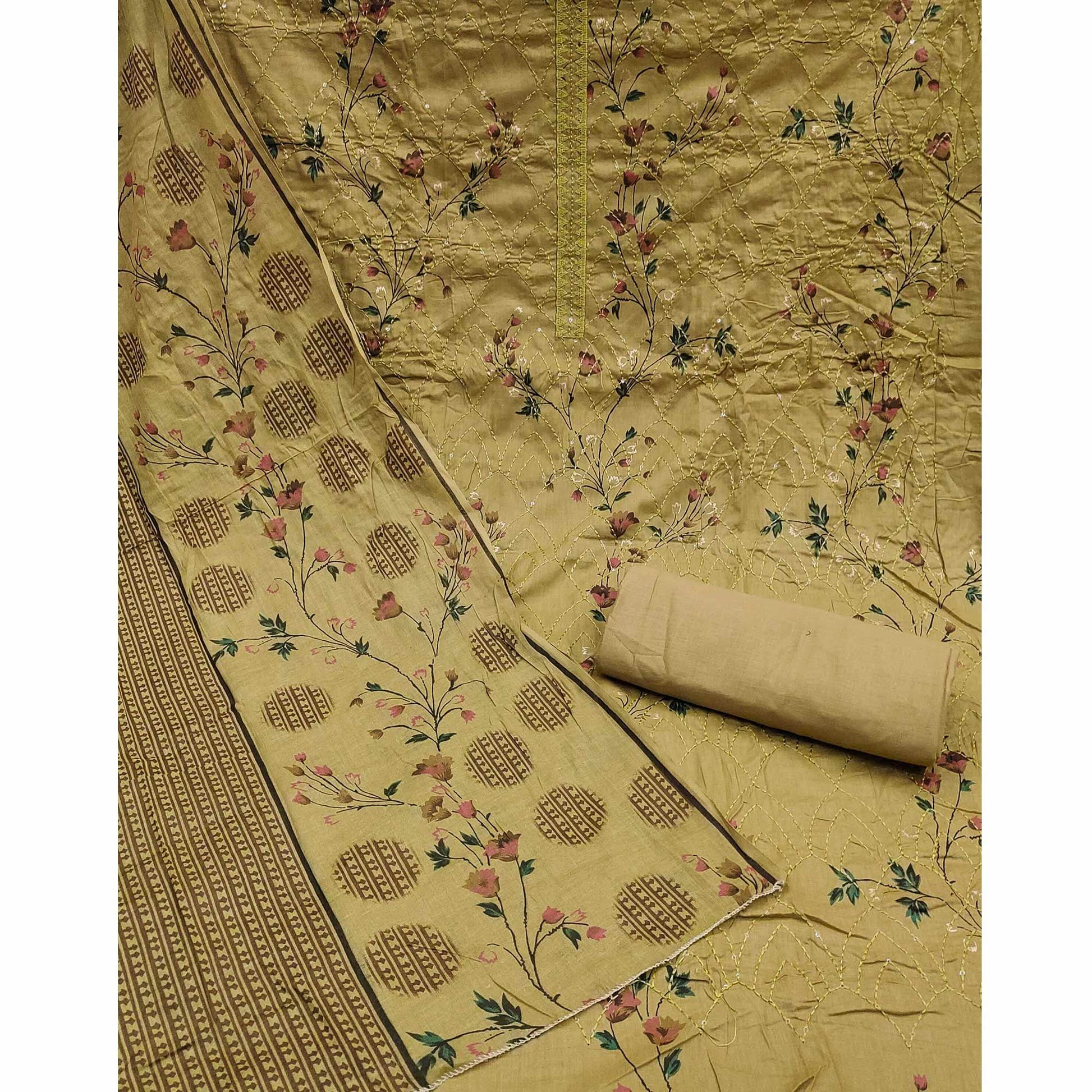Mehendi Green Floral Printed With Embroidered Pure Cotton Dress Material