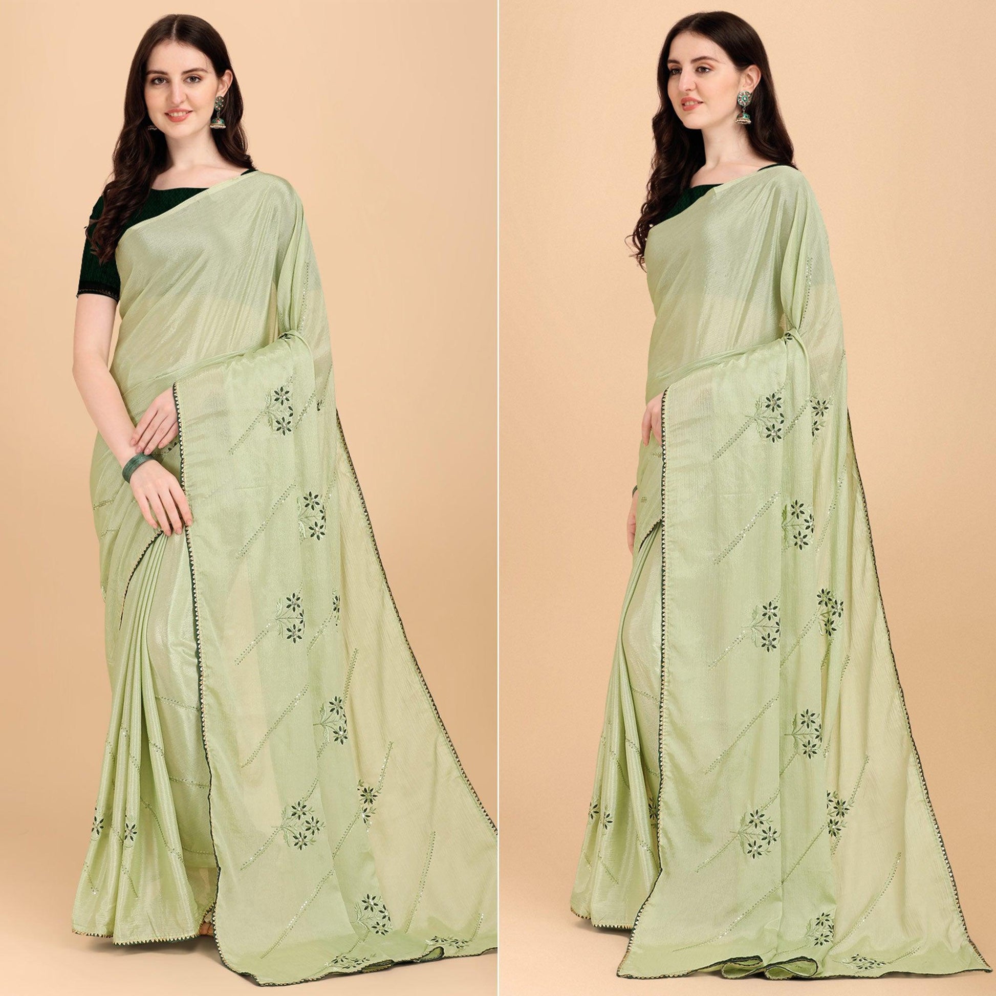 Mehendi Green Floral Sequins Embroidered Chiffon Saree
