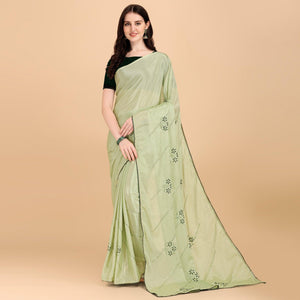 Mehendi Green Floral Sequins Embroidered Chiffon Saree