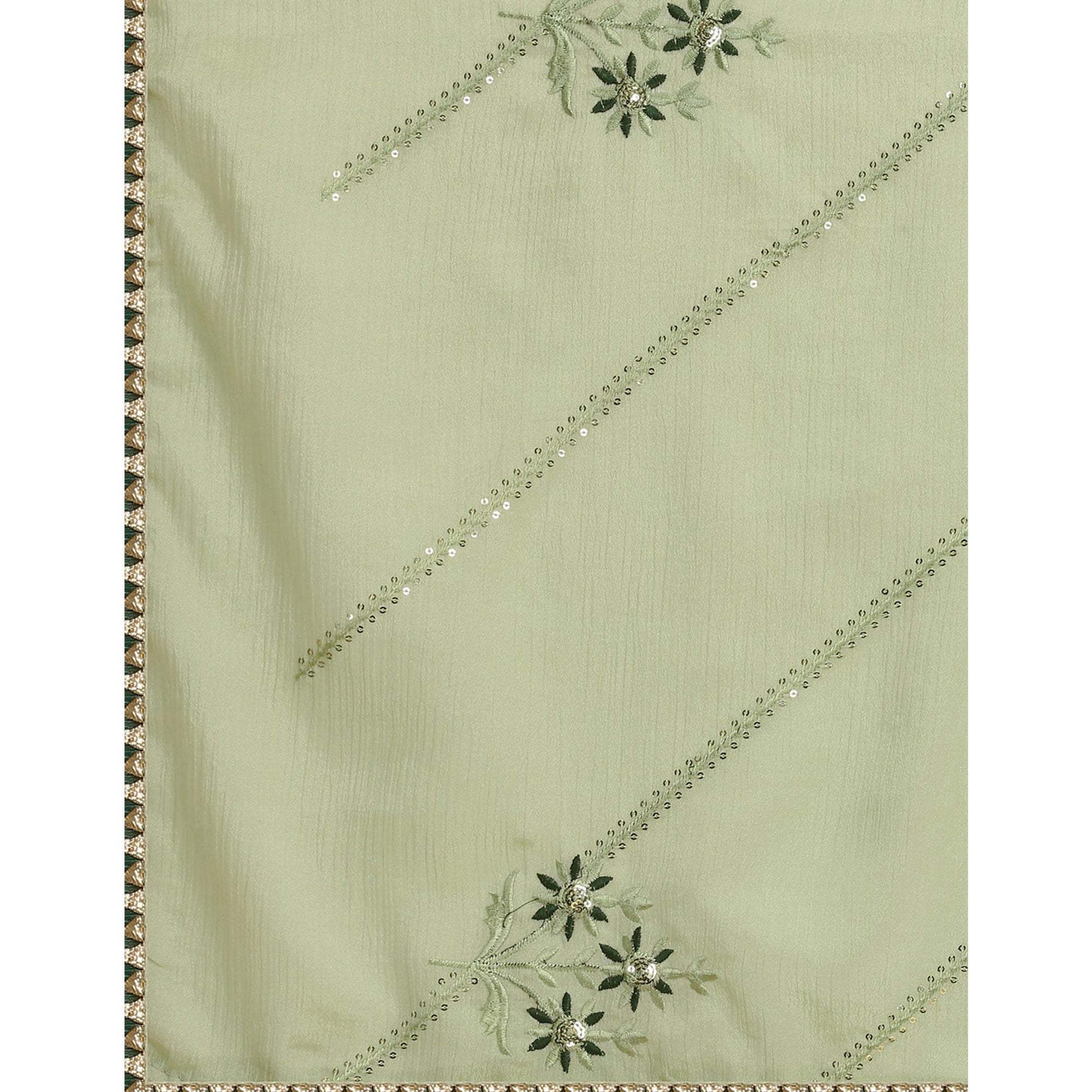 Mehendi Green Floral Sequins Embroidered Chiffon Saree