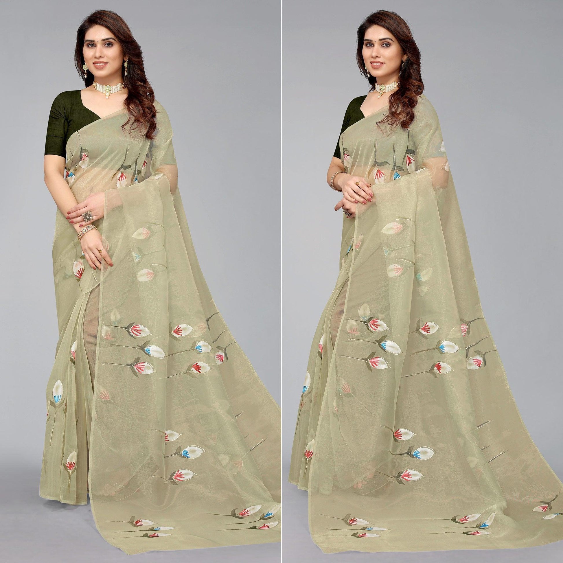 Mehendi Green Hand Printed Organza Saree