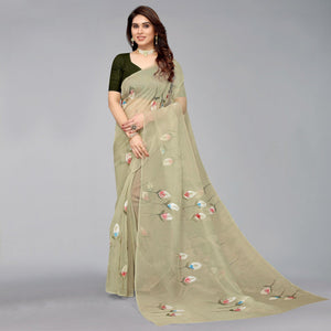 Mehendi Green Hand Printed Organza Saree