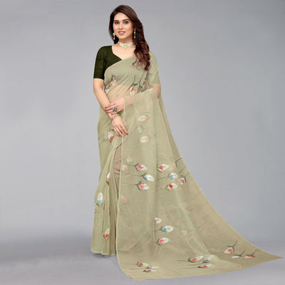 Mehendi Green Hand Printed Organza Saree