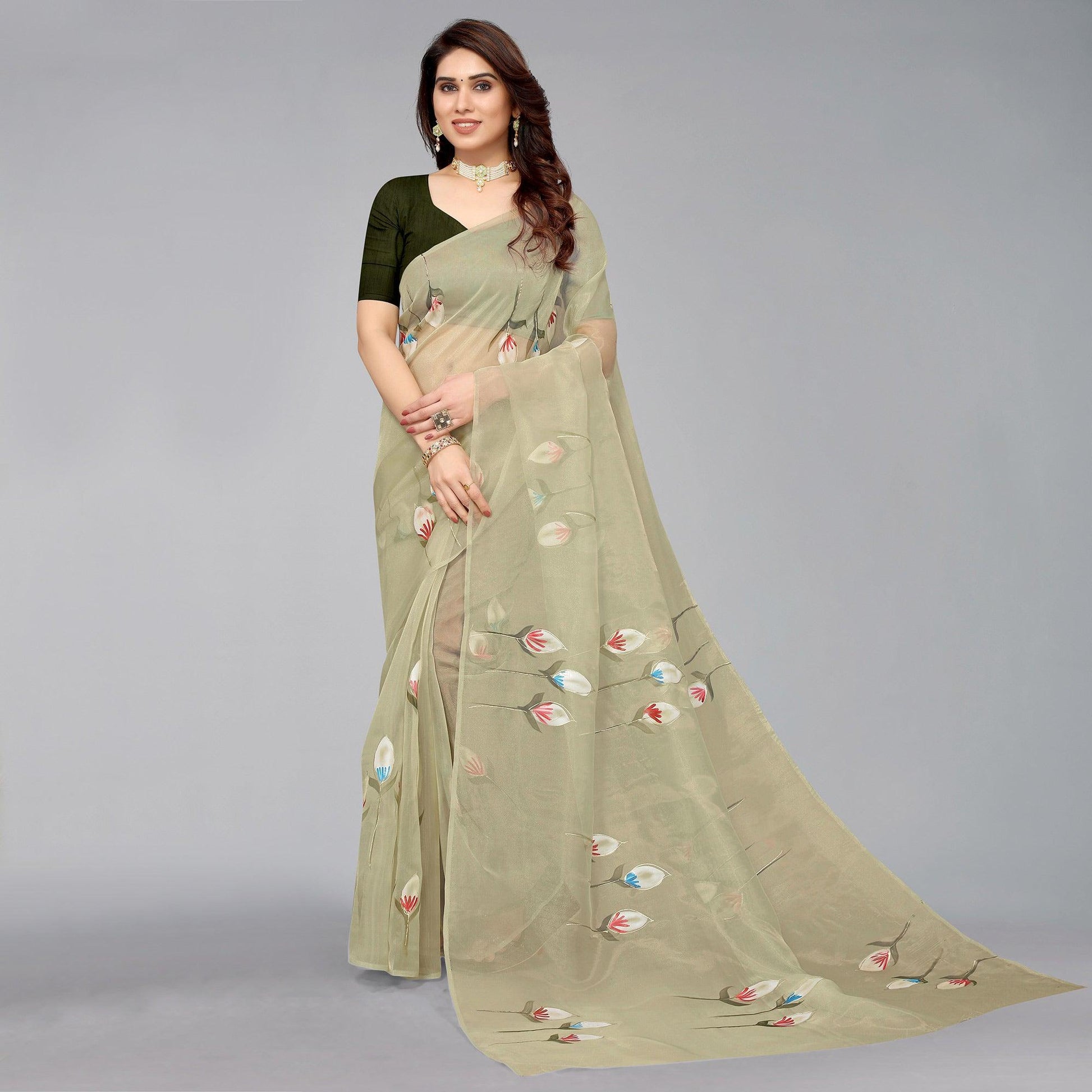 Mehendi Green Hand Printed Organza Saree