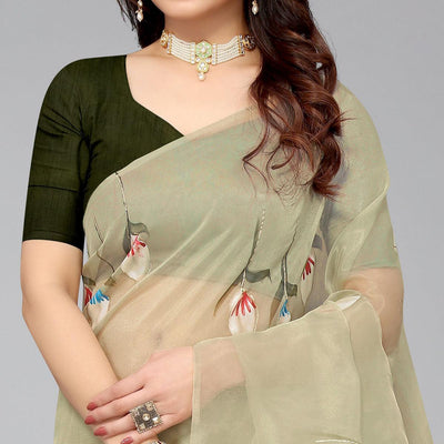 Mehendi Green Hand Printed Organza Saree