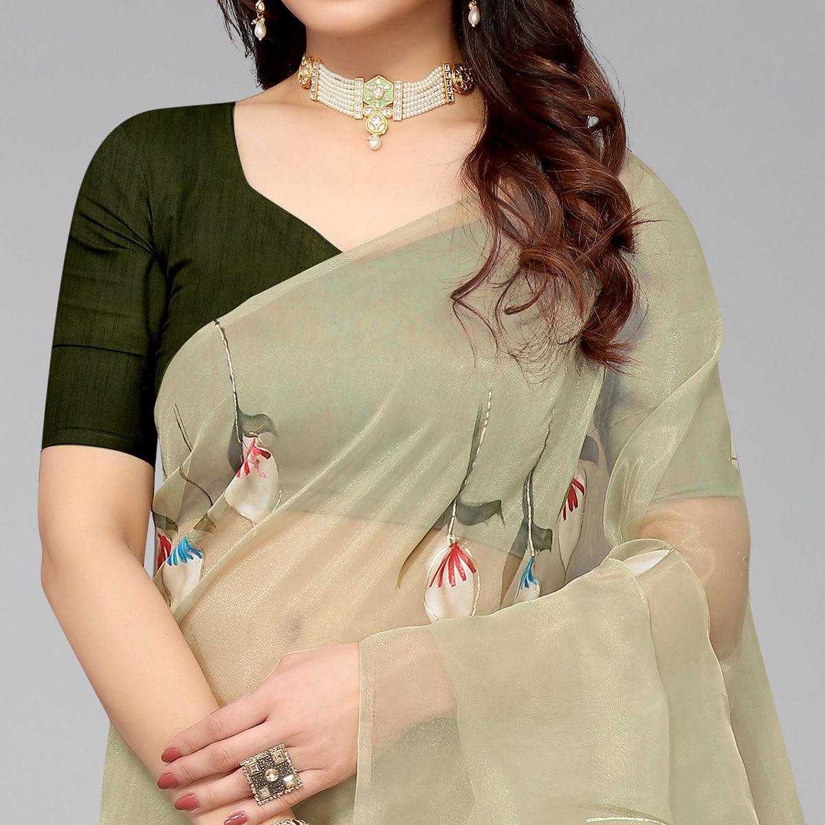 Mehendi Green Hand Printed Organza Saree