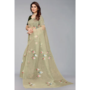 Mehendi Green Hand Printed Organza Saree