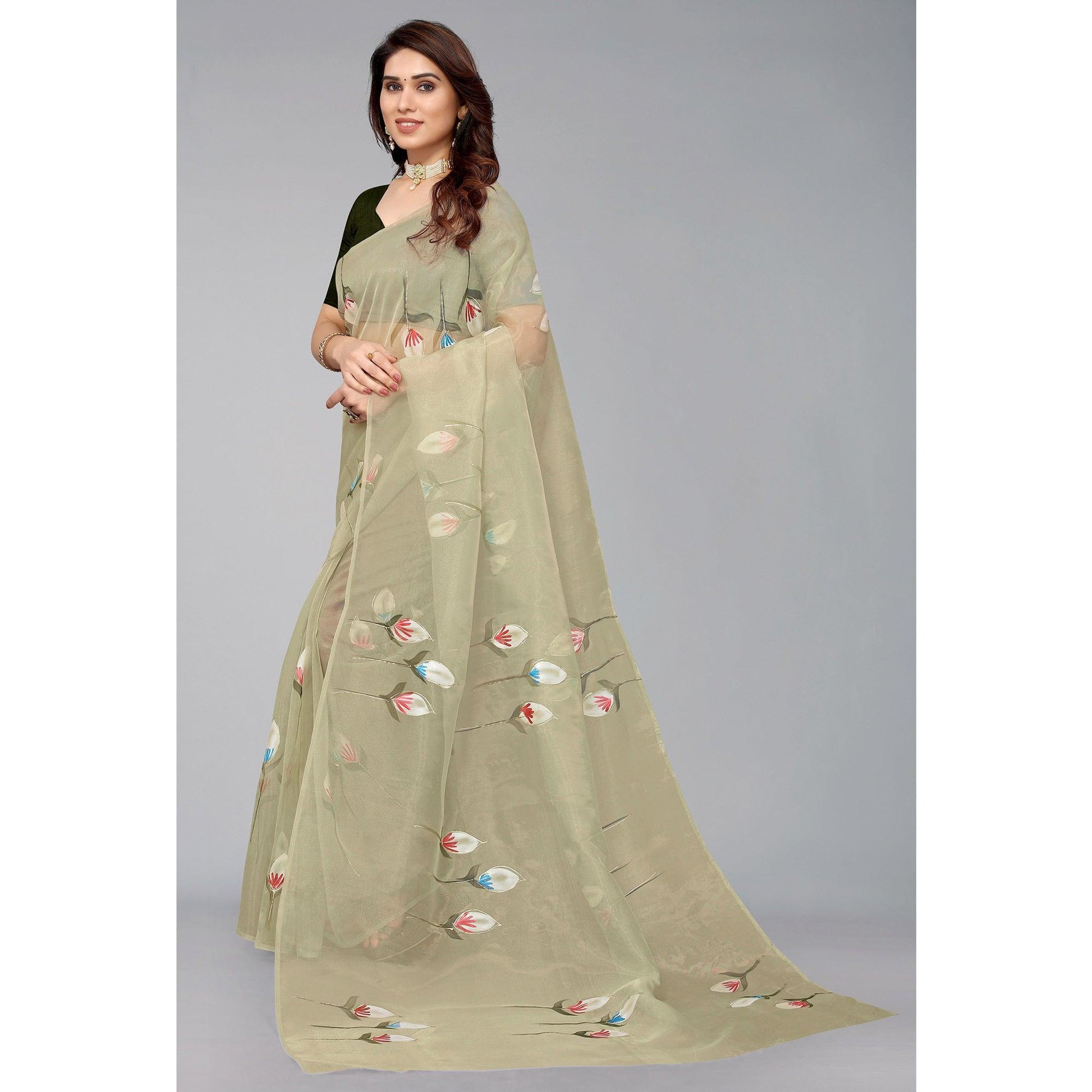 Mehendi Green Hand Printed Organza Saree