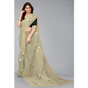Mehendi Green Hand Printed Organza Saree